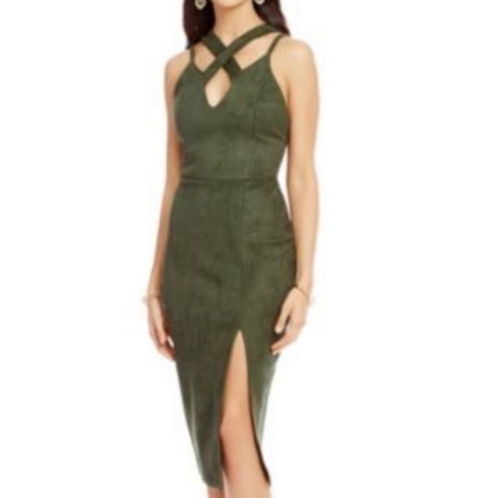 Gianni Bini olive green suede dress. Knee length, side slit.